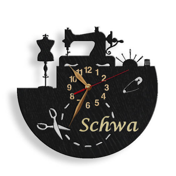 Seamstress clock with name engraved in thread style