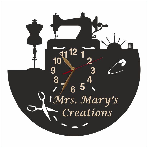 Wall clock with sewing-themed elements and stitched circle