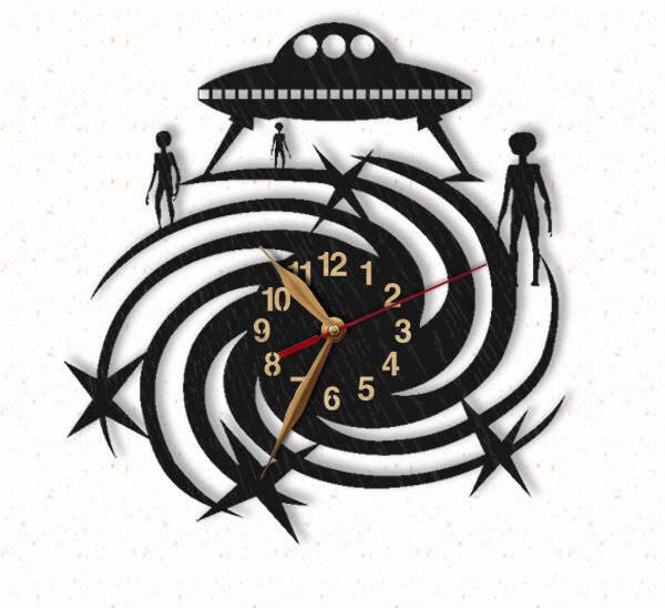 Astronomy classroom STEM corner with cosmic galaxy, UFO and aliens wall clock