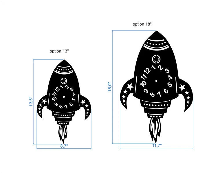 Size diagram of small and large rocket clocks