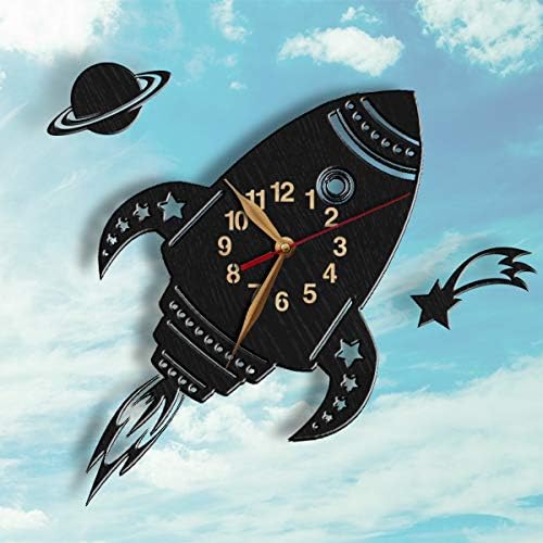 Rocket-shaped wall clock with a space-themed details featuring planets and stars.