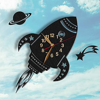 Rocket-shaped wall clock with a space-themed details featuring planets and stars.