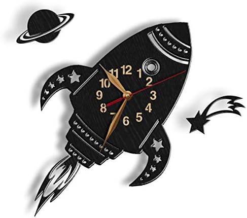 Black rocket-shaped wall clock with Saturn and comet accents