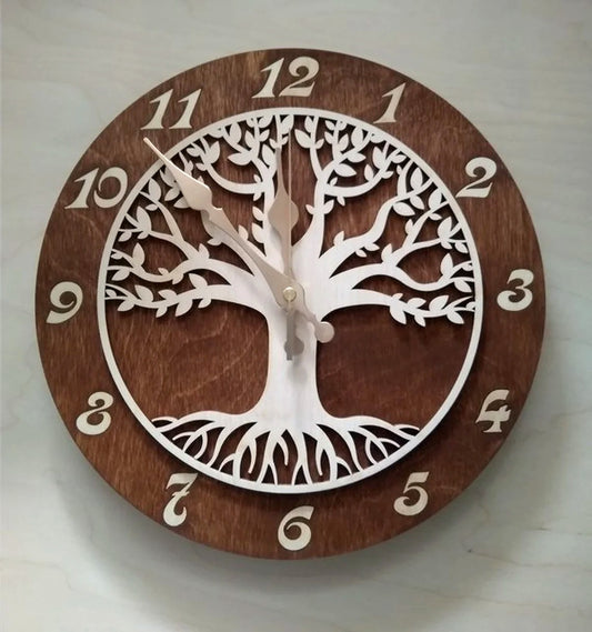 Family tree inspired wall clock in natural wood tones