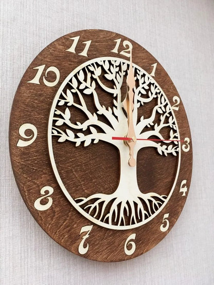 Symbolic family clock with Tree of Life and roots design on textured background