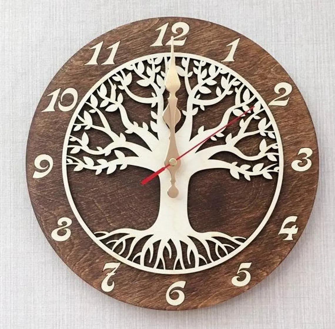 Tree of Life clock with wooden texture, front view