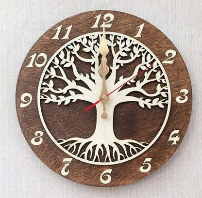 Tree of Life clock with wooden texture, front view