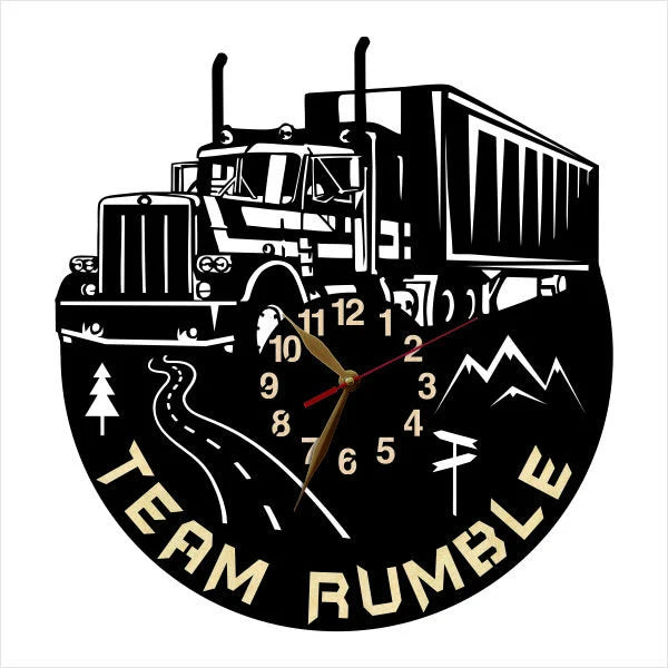 Truck-themed office clock with mountains and pine tree