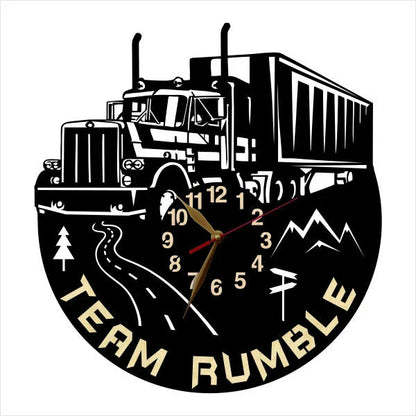 Truck-themed office clock with mountains and pine tree
