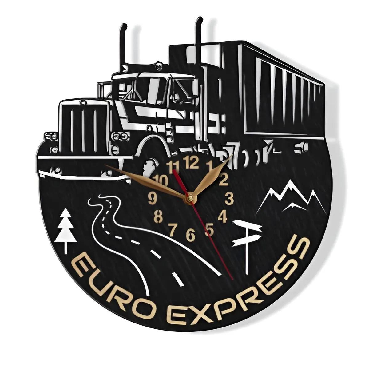 Black customized wall clock with semi-truck cutout for logistics business