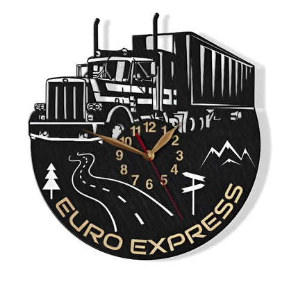 Black customized wall clock with semi-truck cutout for logistics business