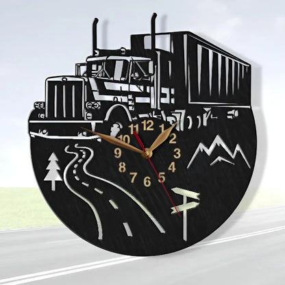 Semi-truck wall clock with road and mountain cutout for transport offices