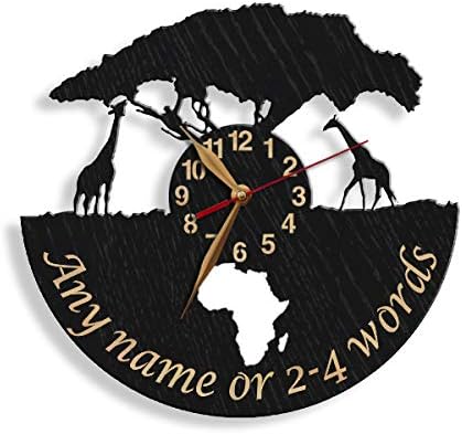 Personalized giraffe safari clock showcasing custom phrase along curved bottom edge