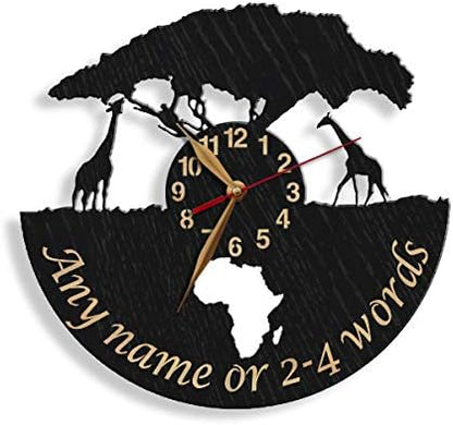 Personalized giraffe safari clock showcasing custom phrase along curved bottom edge