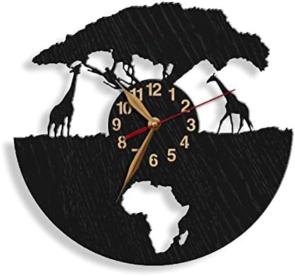 Black wooden wall clock with giraffes and Africa silhouette