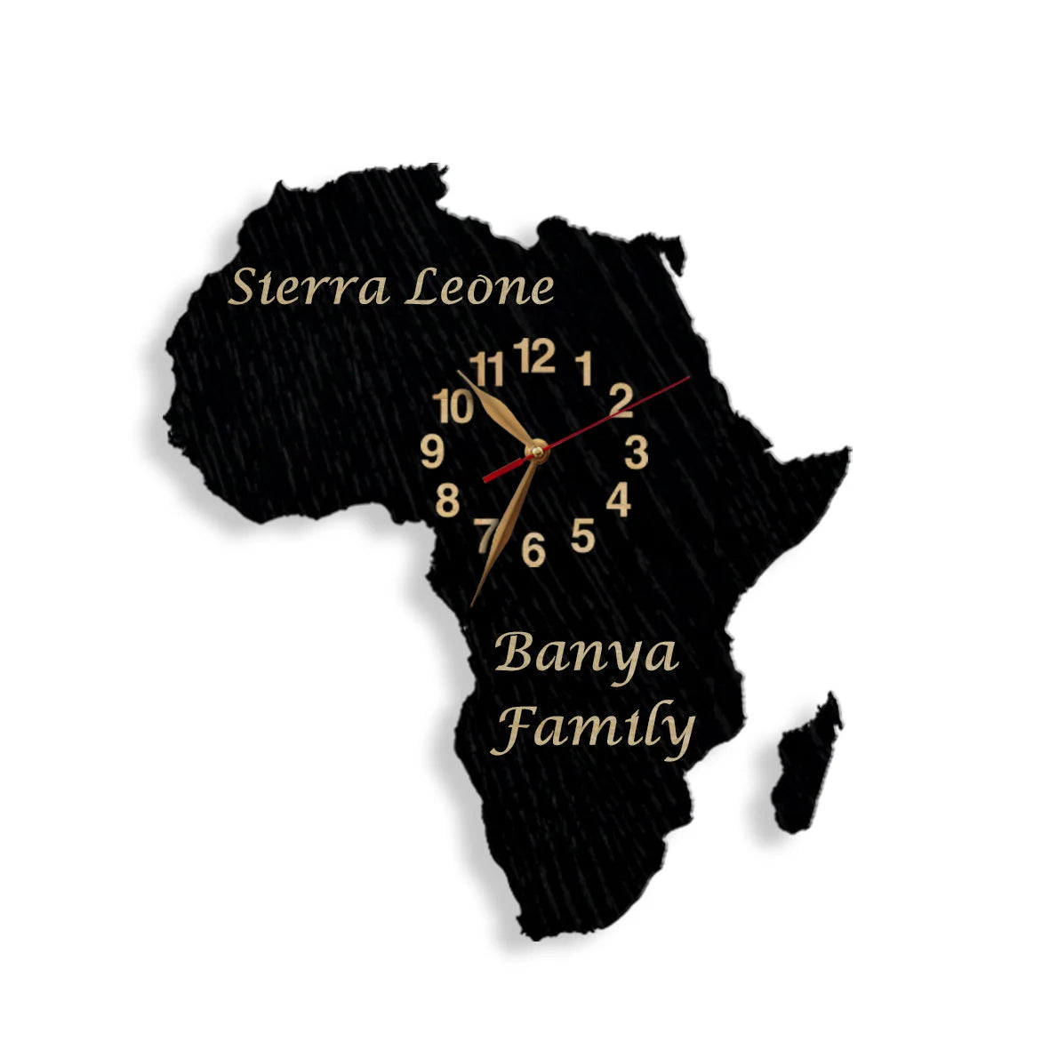 Custom Africa wall clock with country and family name engraving in elegant font