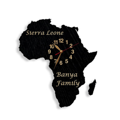 Custom Africa wall clock with country and family name engraving in elegant font