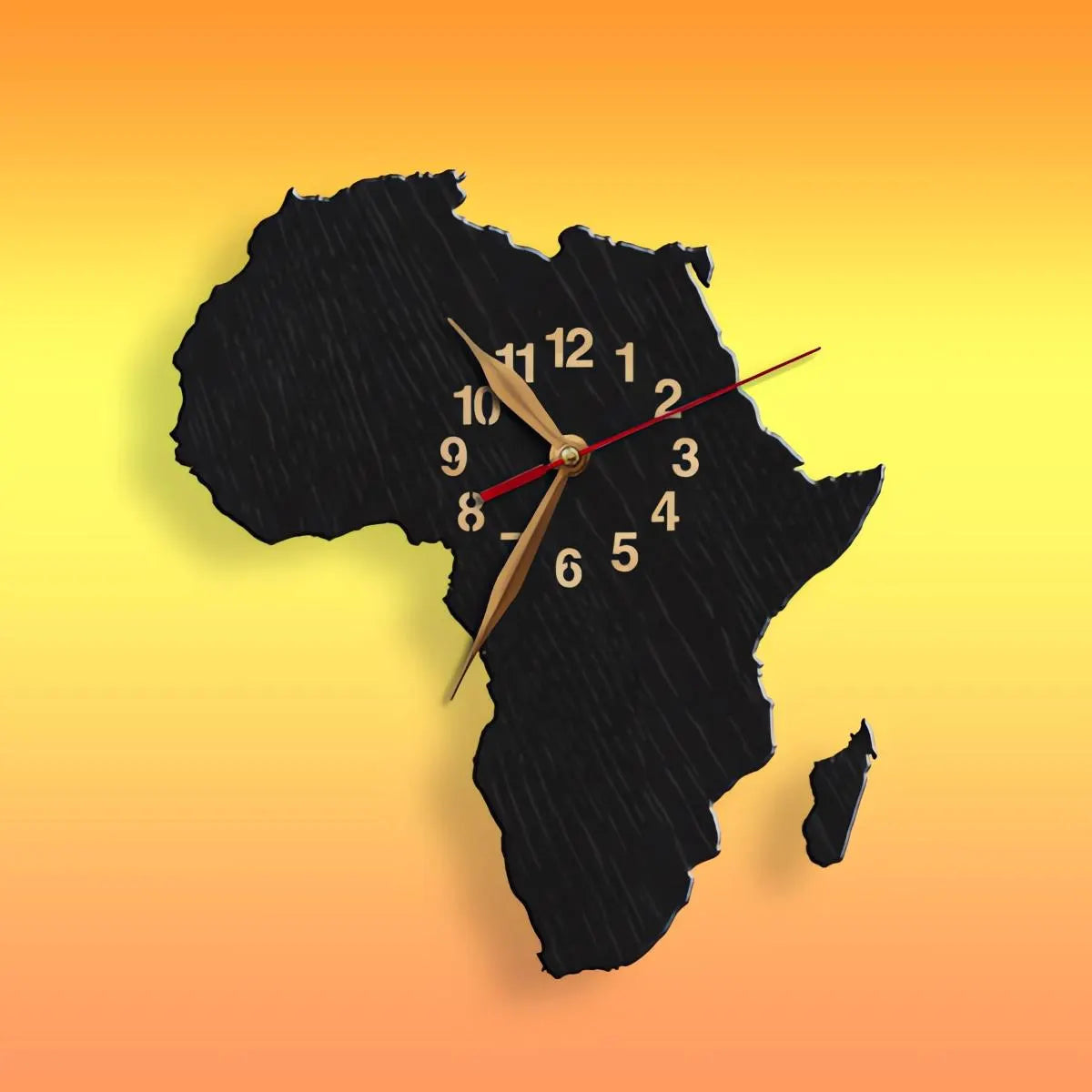 Gold hands and numbers on matte black wooden Africa map clock with Madagascar