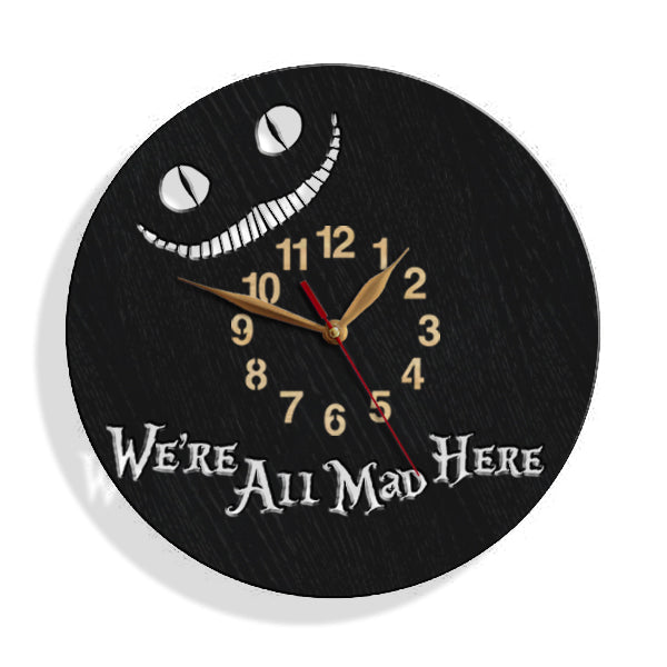 Gothic-style clock with Cheshire Cat design on black wood background