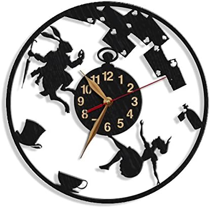 Handmade wooden clock with whimsical Wonderland scene for kids' room