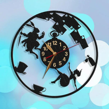 Wall clock showing Alice falling into the rabbit hole with fantasy elements
