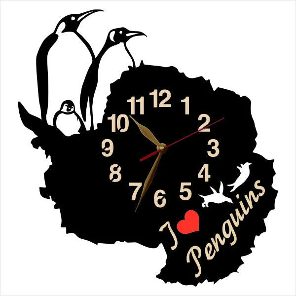 Fun penguin clock with phrase "I love Penguins" on Antarctica shape