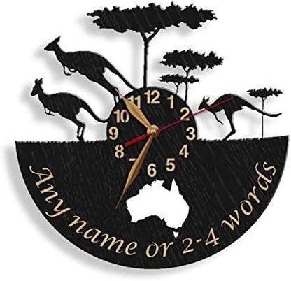 Personalized wall clock with kangaroos, trees, and Australia map – custom name engraved.