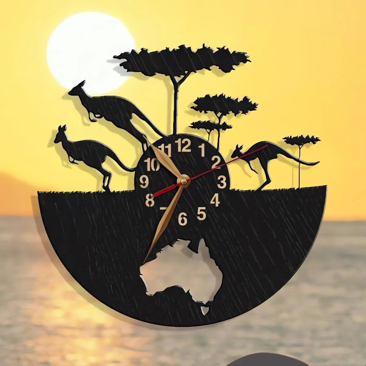 Silhouette kangaroo wall clock against sunset background – Australia-themed decor.