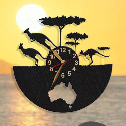 Silhouette kangaroo wall clock against sunset background – Australia-themed decor.