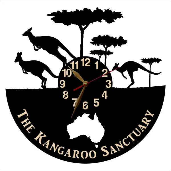 Australian wildlife wall clock with The Kangaroo Sanctuary text.