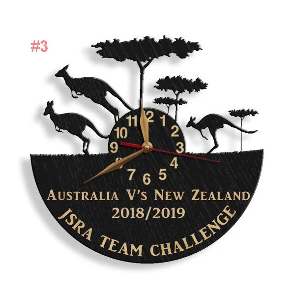 Kangaroo jumping scene wall clock with Australia vs New Zealand team challenge engraving.