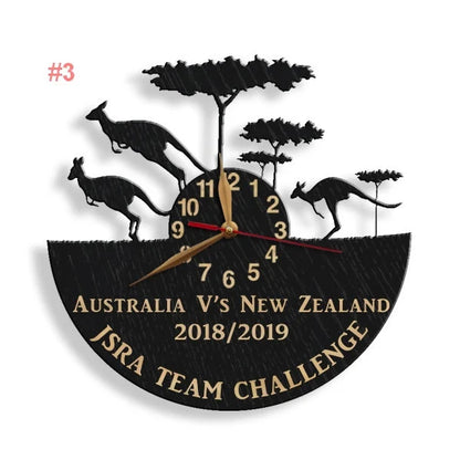 Kangaroo jumping scene wall clock with Australia vs New Zealand team challenge engraving.