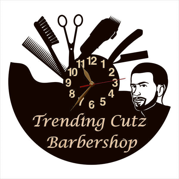 Custom barber wall clock with man’s stylish face and salon tools, perfect for men’s grooming decor