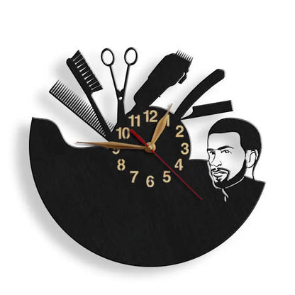 Black wooden hairdresser wall clock with razor, scissors, and comb details