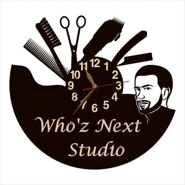 Quiet clock for barbershop with male silhouette and customizable studio name
