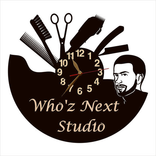 Quiet clock for barbershop with male silhouette and customizable studio name