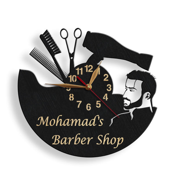 Personalized clock for modern male barbershop or men’s hair studio