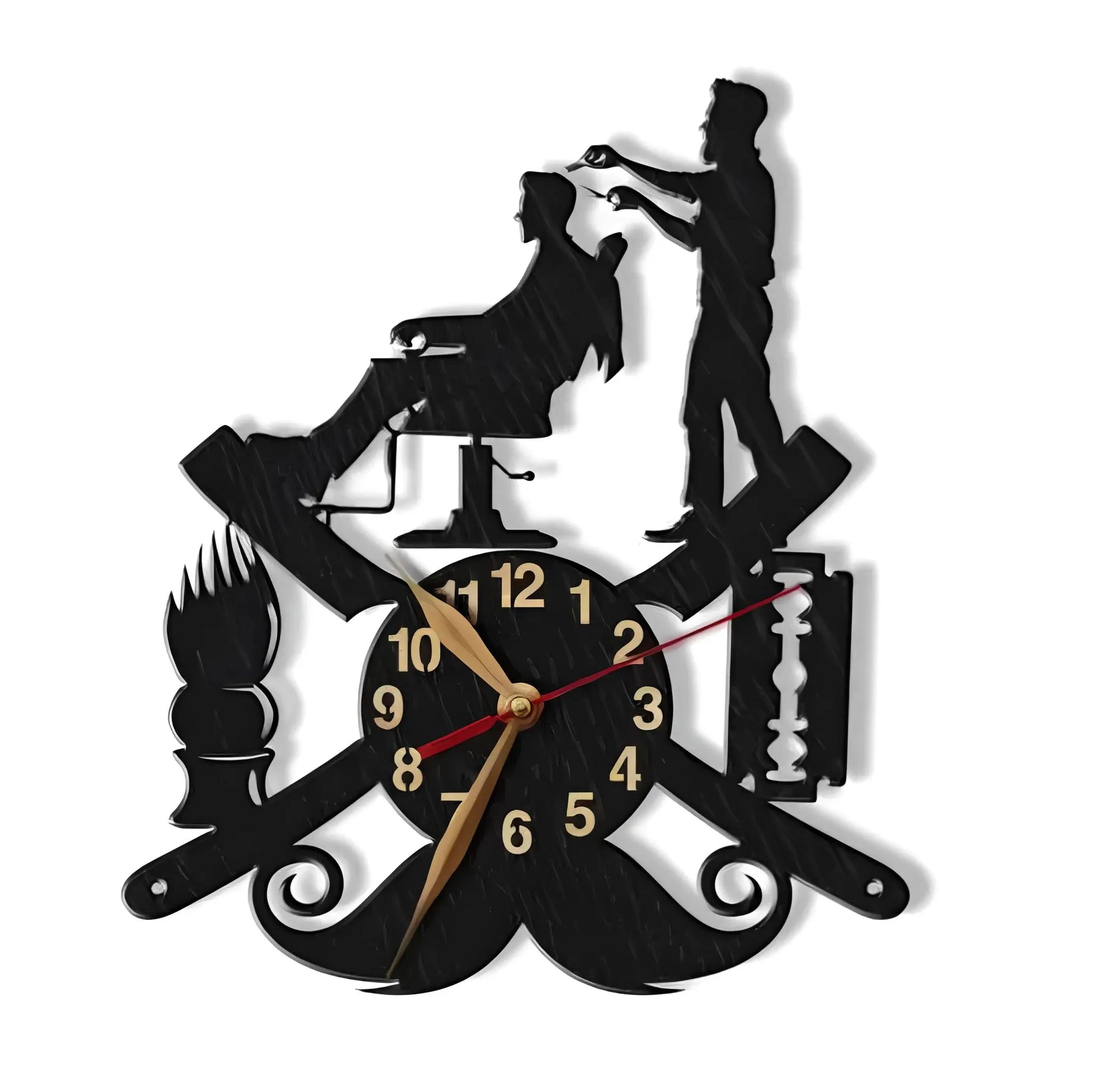 Close-up of barbershop-themed clock with brush and razor details