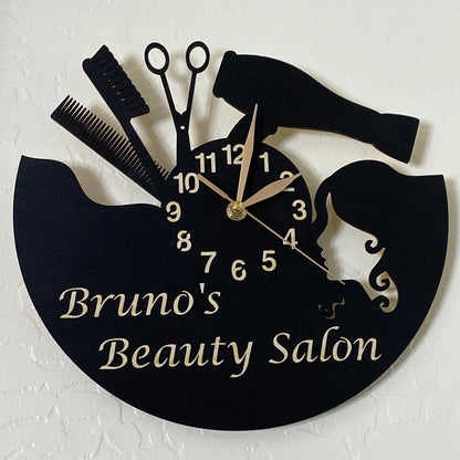 Personalized beauty salon wall clock with elegant woman’s face and hairstyling tools