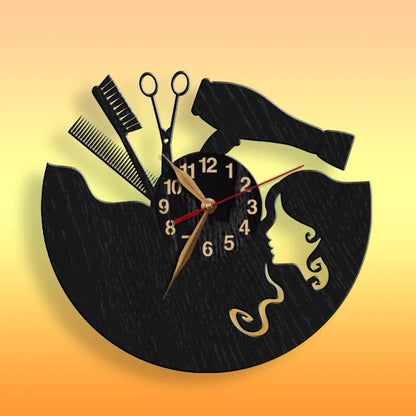 Wooden hair stylist clock with female profile and tools – salon decor