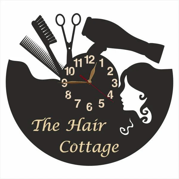 Custom hair salon clock design with iconic beauty tools – stylish wall art for professionals