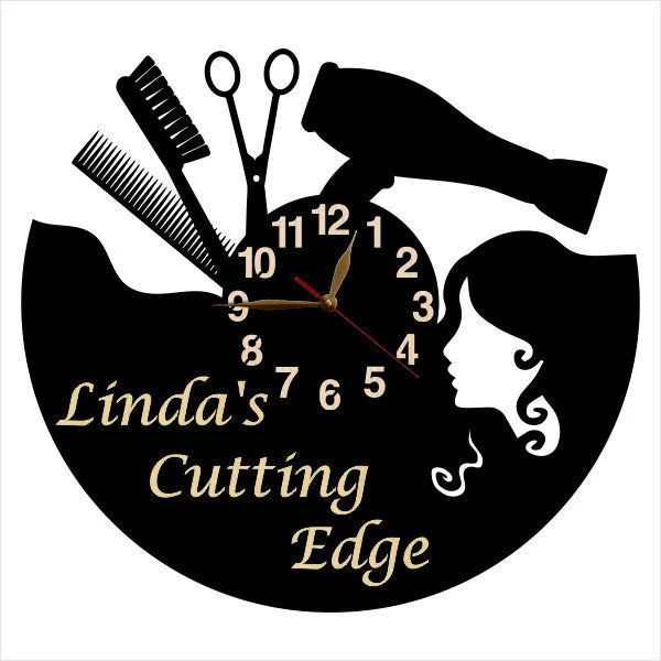 Modern wooden clock for hair salons – featuring feminine profile and styling accessories