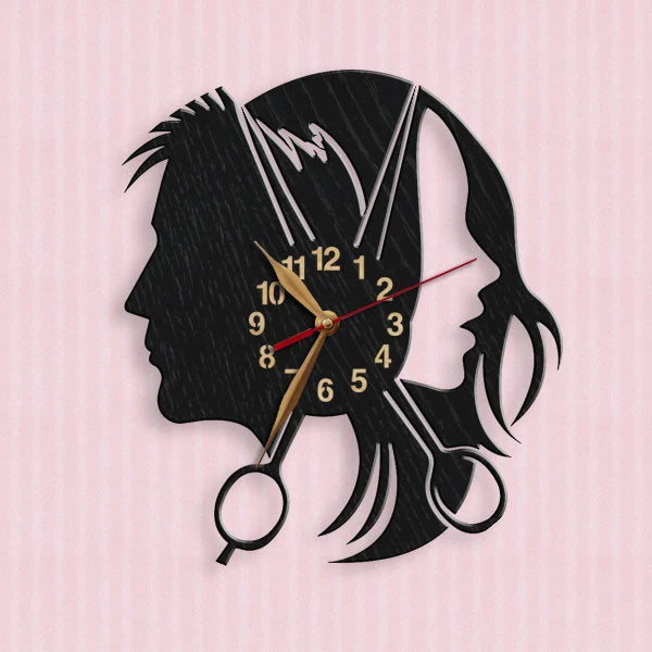 Modern hair salon clock with male and female profiles