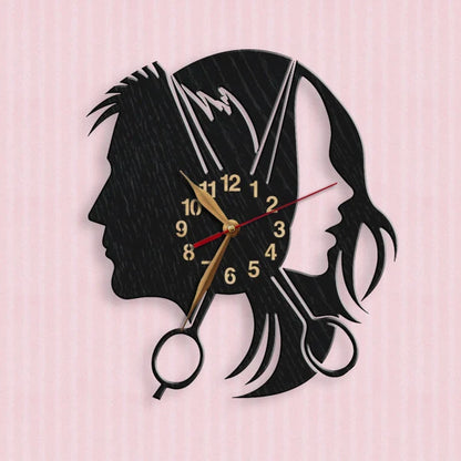 Modern hair salon clock with male and female profiles