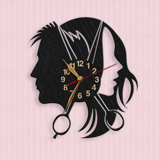 Modern hair salon clock with male and female profiles