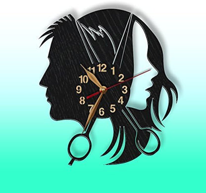 Unique beauty salon wall clock design with shears and profiles