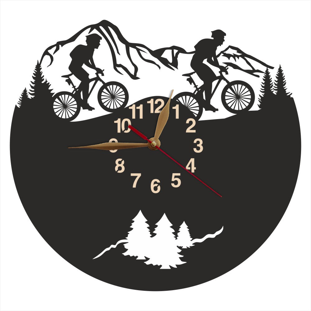 Mountain bike clock with two male riders and space for personalization