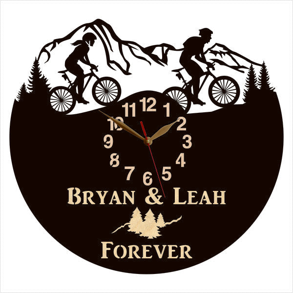 Couples’ cycling wall clock with custom text and pine tree scene