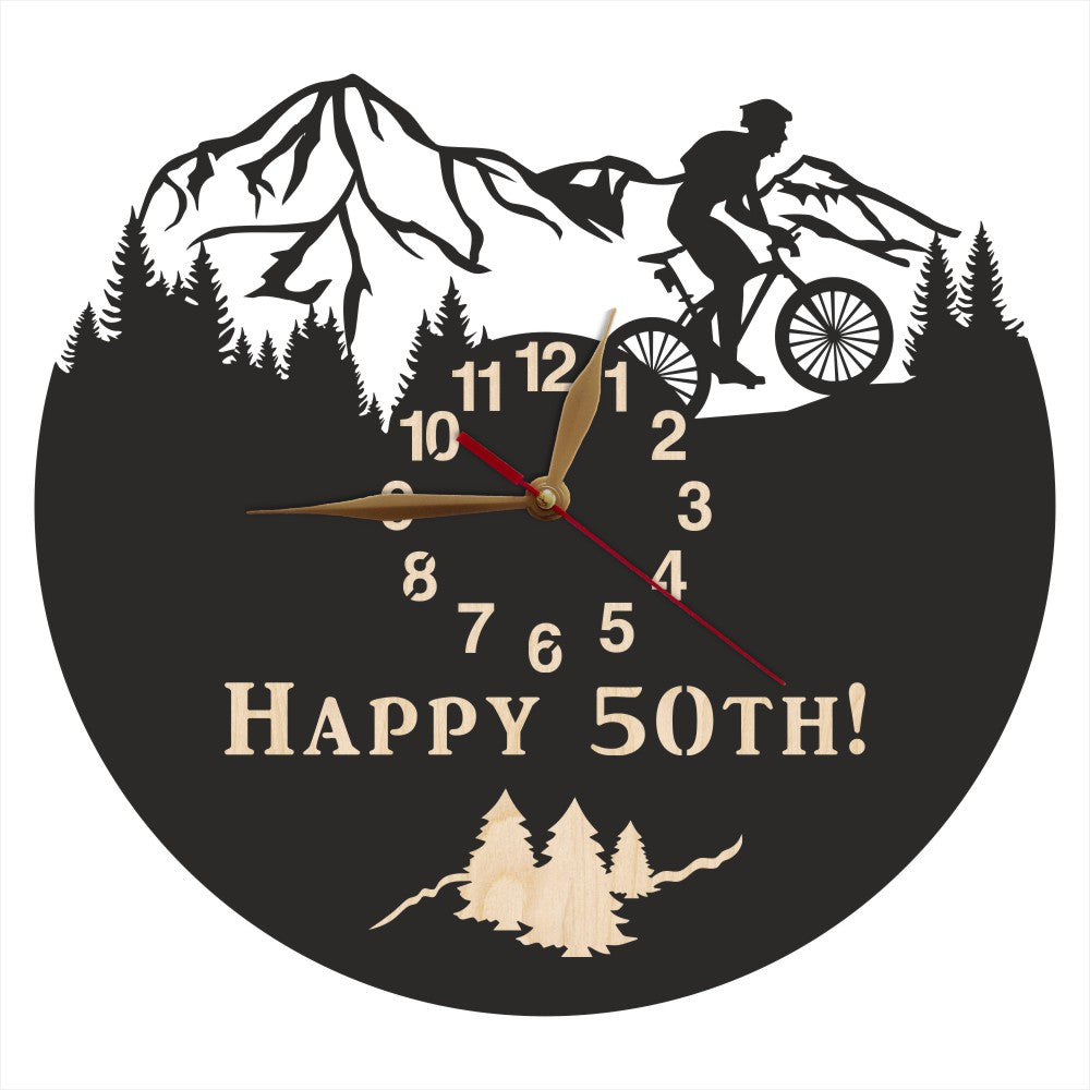 Wall clock for biking with Happy 50th engraving and mountain scenery