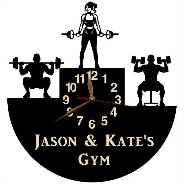 Female weightlifter standing on podium center in personalized gym clock